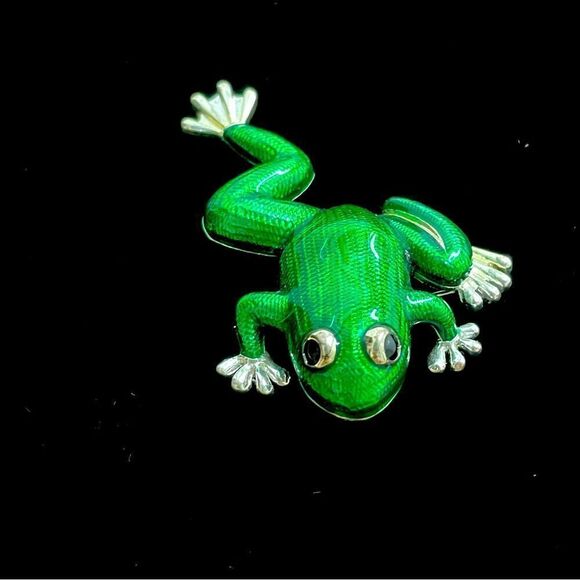 Vintage Jewelry - Enameled frog pin vintage silver, green, and black brooch